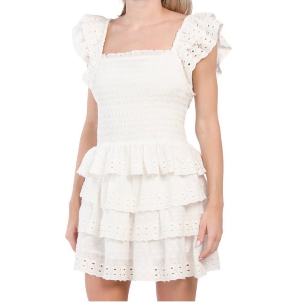 cotton white eyelet smocked ruffle puff sleeve blouse L | cottage core feminine